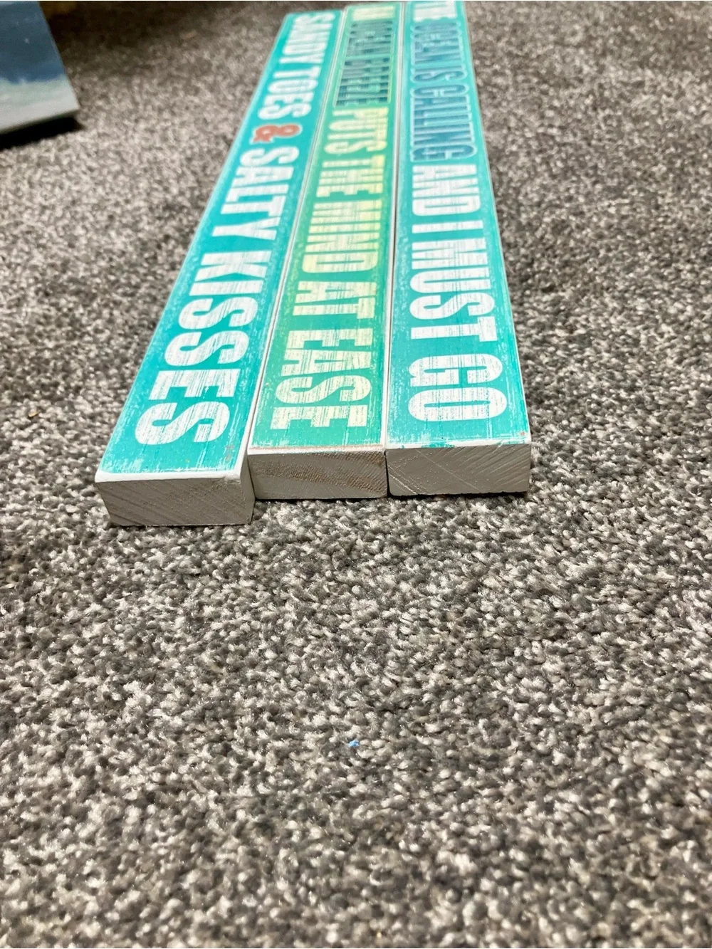 Coastal Ocean Beach Wall Art Set in Aqua Teal Gold w/ 3 Wooden Desk Plaques